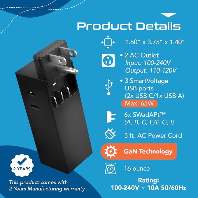 Ceptics 65W GaN World Travel Adapter w/ 2 US Outlets and 1 USB-A and 2 USB-C (QC 3.0), Compact Fast Charger for Laptops and Cell phones, Use in more than 150 countries with 6 SWadAPt Attachments