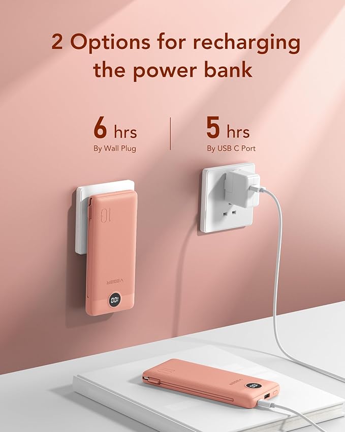VEGER Portable Charger Power Bank with Built-in AC Plug and Cables, All in One 10000mAh Ultra Slim Travel Essentials, Fast Charging Battery Pack Compatible with iPhone, Samsung, More, Dark Pink