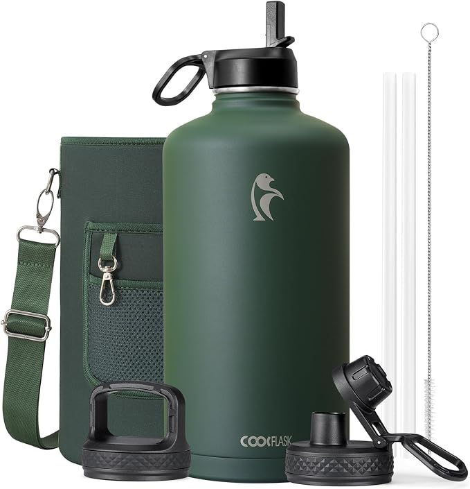 Coolflask 128 oz Gallon Water Bottle Insulated with Straw&3 Lids, Water Jug Large Stainless Steel Metal Vacuum Wide Mouth for Sports, Gym or Office, Non-BPA Keep Cold 48H Hot 24H, Dark Green