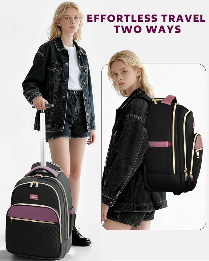 Arcoyard Rolling Backpack for Women, 17 Inch Laptop Backpack With Wheels for Adults, Large Water Resistant Wheeled Carry On Luggage Roller Bag, Flight Approved for Work, Travel, College, Black Purple