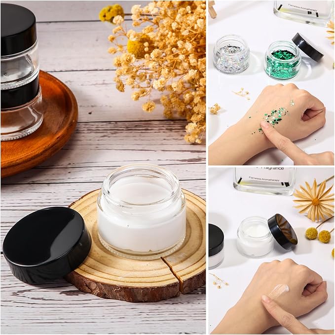 Domensi 60 Pcs 1oz Glass Jars with Lids Bulk Small Glass Salve Tins Cream Container Cosmetic Jars for Travel Balm with Inner Liners for Sample Cream (Clear,Black Lid,Plastic Lid)