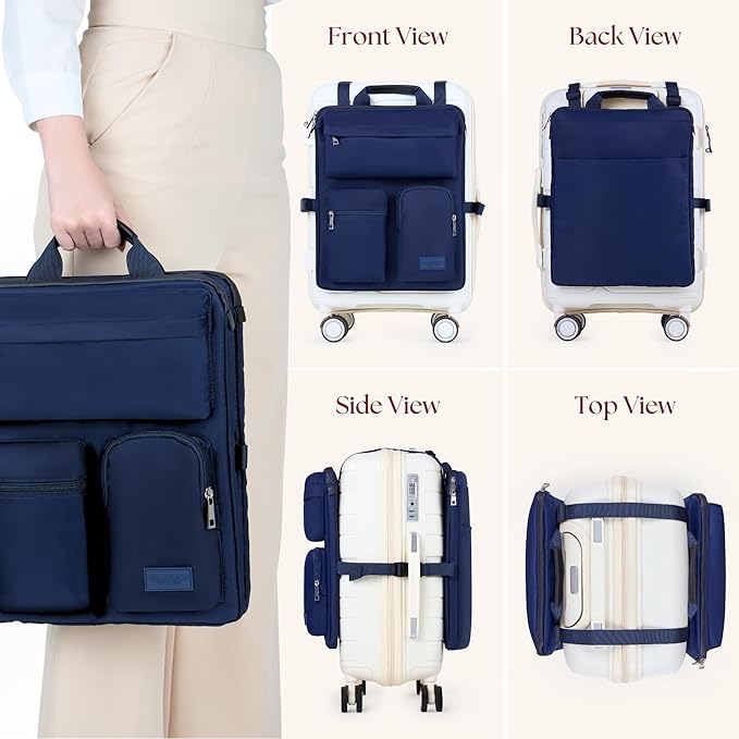 BAREFOOT CARIBOU Over Luggage Organizer for Carry On Bag or Suitcase with Storage Pockets, 16” Laptop Sleeve with Handle, Travel Accessories Bag Slide On Luggage Harness, Adjustable Straps (Navy Blue)