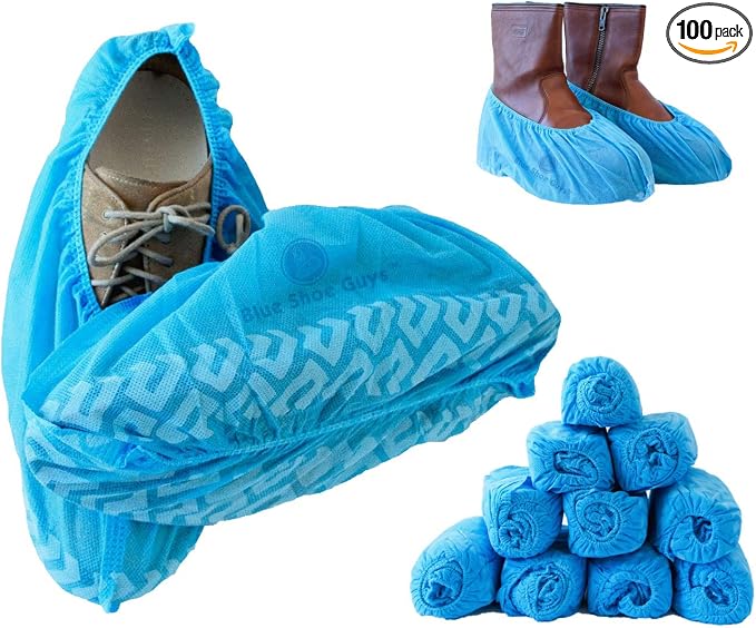 Blue Shoe Guys Premium Disposable Boot & Shoe Covers Booties | 100 Pack | Durable, Non-Slip, Non-Toxic, Water Resistant, Recyclable Protectors for Indoor & Outdoor | Large Size Fits Most Shoes