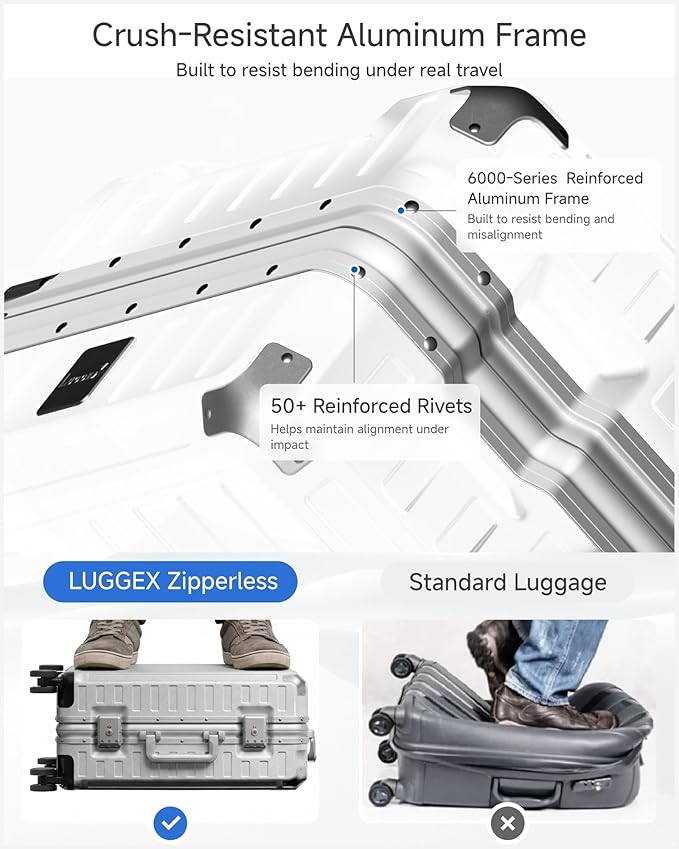 LUGGEX Checked Suitcase with Spinner Wheels, 8010S Aluminum Frame Zipperless Polycarbonate Hard Shell Suitcase (ZX-Core, Silver Grey, 28 Inch)