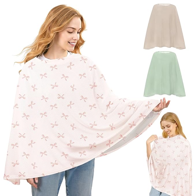 Basumee Nursing Cover for Breastfeeding Breathable Mesh 360 Full Privacy Nursing Wrap Multi-Use Breast Feeding Covers for Women Moms Feeding Essentials, Dusty Pink Bows, 1 Pack