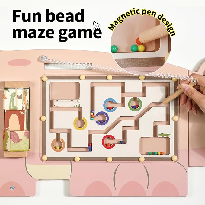 Interactive Pink Crocodile Wall Game - Wooden Educational Toy with 10+ Games for Kids (3+), STEM Learning, Hand-Eye Coordination & Sensory Development