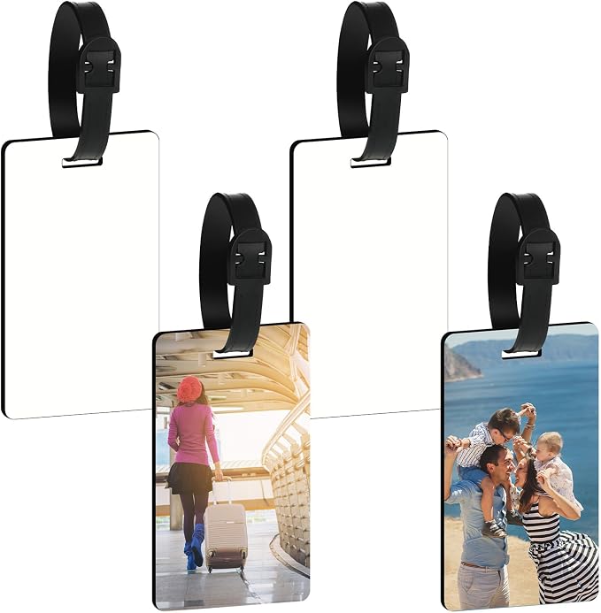 Frienda Sublimation Luggage Tag Blanks White Blank Travel Bag Tags Bulk with Strap Double Sided MDF Suitcase Labels with Slots for Easy Identification