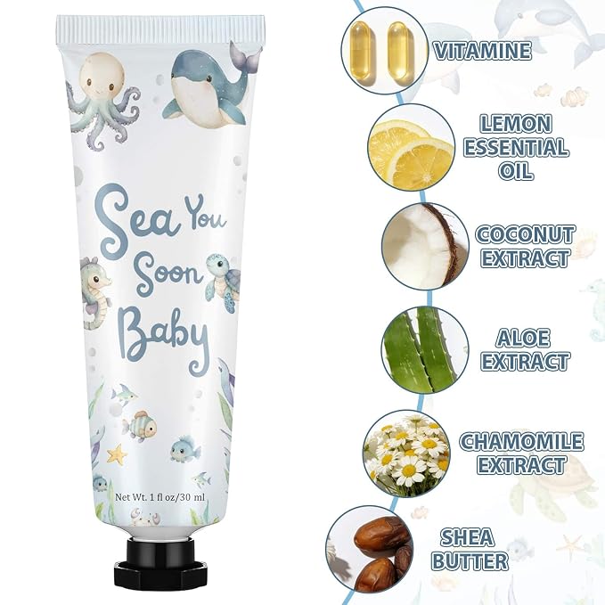 Loopeer 50 Set / 200 Pcs Sea You Soon Baby Shower Favor Bulk Hand Cream Lip Balm Gifts for Guests with Thank Cards Organza Bag Thank You for Celebrating with Us Ocean Animal
