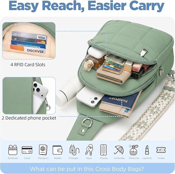 Anti Theft Sling Bag for Men & Women, Lightweight Puffer RFID Crossbody Bag for Travel, Commuting & City Walking, Hands-Free Everyday Essentials Bag Green