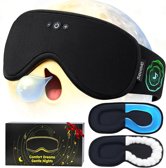 Weighted Bluetooth Sleep Mask with Removable Hot & Cold Gel Insert, 3D Blackout Eye Mask, Adjustable Speaker Placement, Passive Sound Masking, 15H Playback for Sleep, Travel & Relaxation