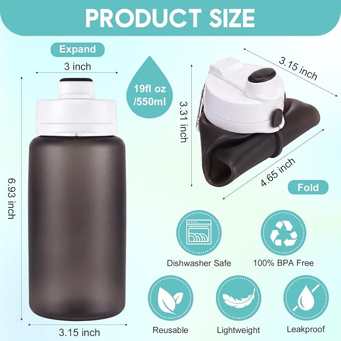 LemonRoad 2 Pcs 19 oz Silicone Collapsible Water Bottle Portable Foldable Water Bottle Leakproof with Carabiner Reusable Lightweight for Travel Sport Hiking Camping Cycling Office(Green Gray)