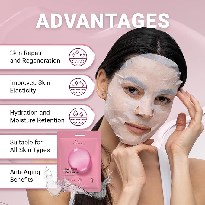 VIABEAUTY 8 Pack of Collagen Face Mask with Ceramides - Rejuvenating Facial Sheet Mask, Reduce Wrinkles & Fine Lines - Face Masks Skincare Moisturizing Collagen Mask for All Skin Types