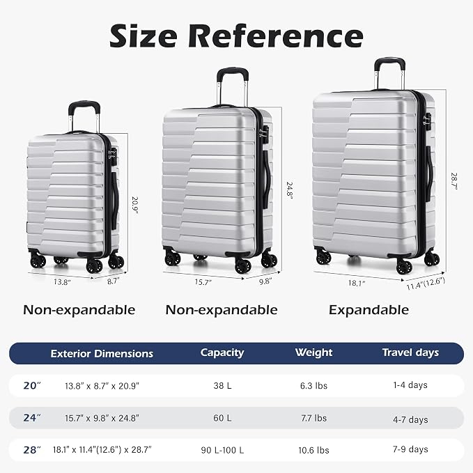 Coolife Luggage Sets, 3 Piece Hard Shell Suitcase Set with Spinner Wheels, Expandable Large Checked Luggage, Lightweight Rolling Carry On with TSA Lock Sliver