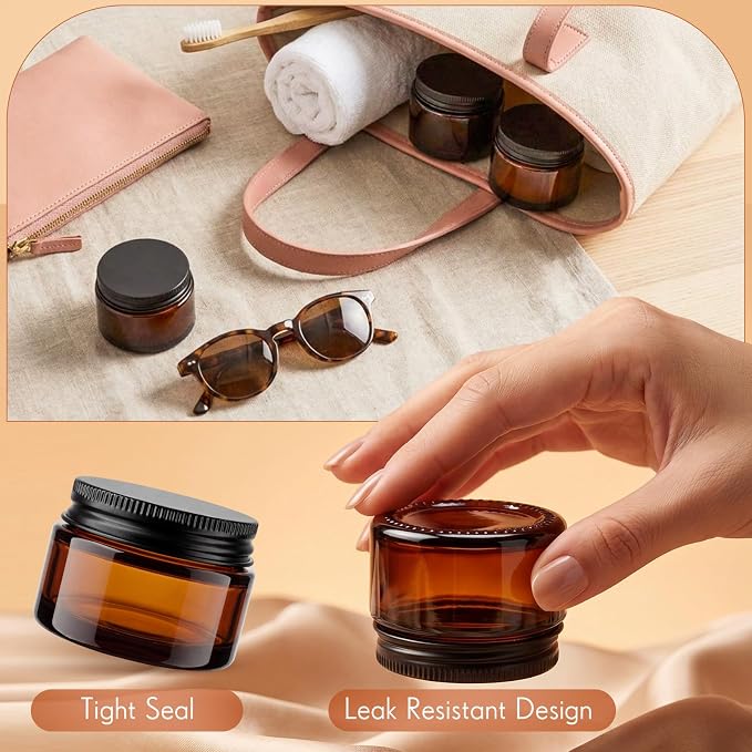 Domensi 60 Pcs 1oz Glass Jars with Lids Bulk Small Glass Salve Tins Cream Container Cosmetic Jars for Travel Balm with Inner Liners for Sample Cream (Amber,Black Lid,Metal Lid)