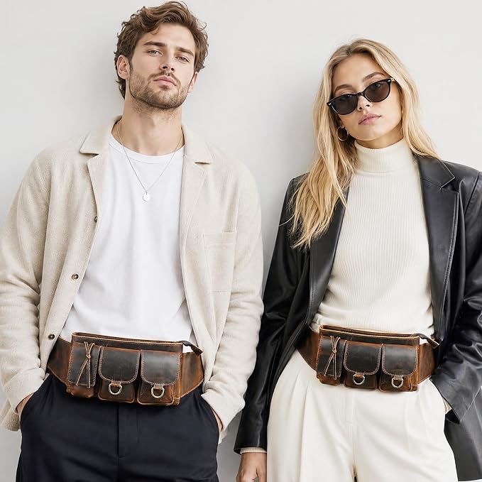 Water Resistant Canvas + Leather Hiking Riding Travel Fanny Waist Pack Small Phone Pouch For Men Women FB811-29 (100% Leather-The 341 Coffee)