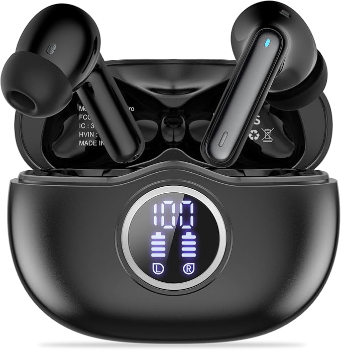 HiFi Stereo Wireless Earbuds, Bluetooth 5.3 with LED Display 50H Playback ENC Noise Canceling IPX7 Waterproof Earphones for Gym/Running/Work