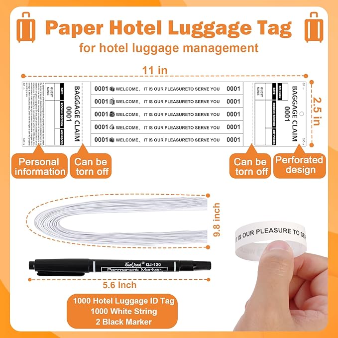 500 PCS Hotel Luggage Tags Bulk with 5 Matching Numbered Labels Paper Baggage Claim Check Tags with White String &Marker Black Luggage Claim Tickets Coat Check Tickets for Cruise Hotel Baggage Suitcas