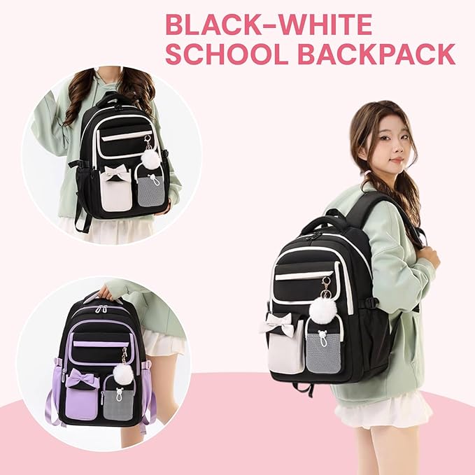 Girls Backpack School Bags Kids Elementary School Backpack for Girls Teens Cute Childrens Bookbags Casual Back Packs, Black