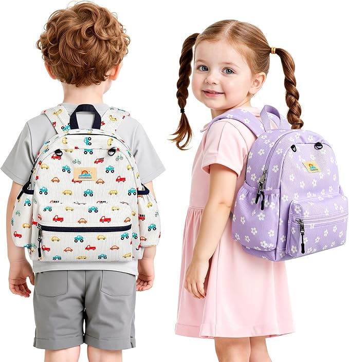 STEAMEDBUN Corduroy Toddler Backpack for Boys 2-4: Kids backpack for Boys Girls - 12 inch Preschool Kindergarten Backpacks - Car