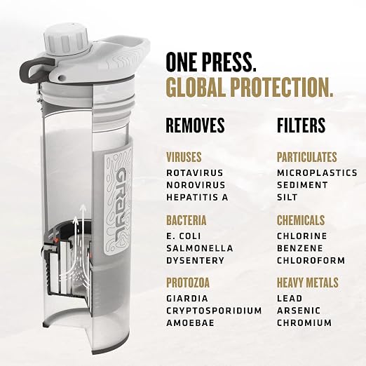 GRAYL GeoPress 24 oz Water Purifier Bottle - Filter for Hiking, Camping, Survival, Travel (Peak White)