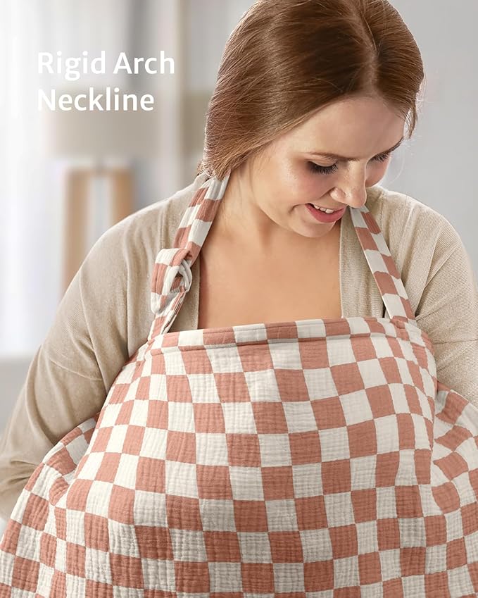Blissful Diary Muslin Nursing Cover for Breastfeeding, Breathable Breastfeeding Cover up with Arch Neckline for Women, Nursing Apron (Brown Checkboard)