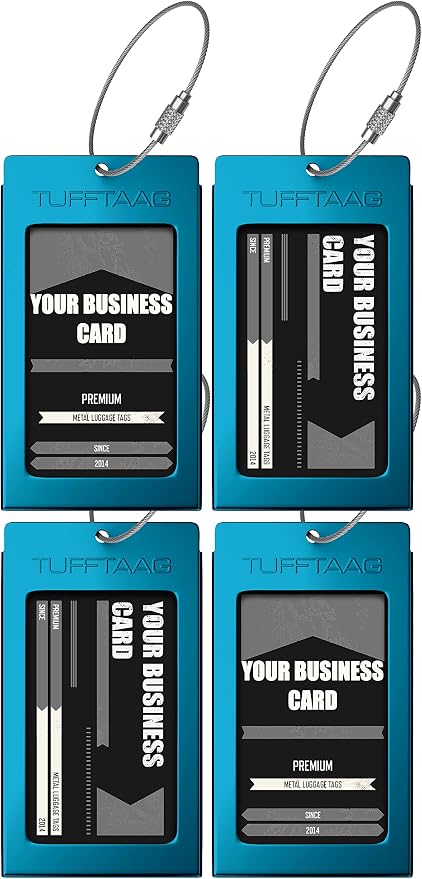 Luggage Tags Business Card Holder by TUFFTAAG - Durable Travel ID Bag Tag, SS-Blue, 4 Pack