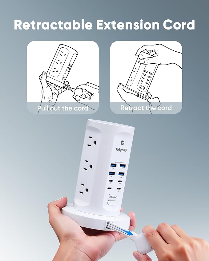 Kakyanill 115W USB Charging Station, Power Strip Tower, 9 AC Outlets with 8 USB Ports(4 USB-C), 6Ft Flat Plug Retractable Extension Cord, for Home Office Dorm, White