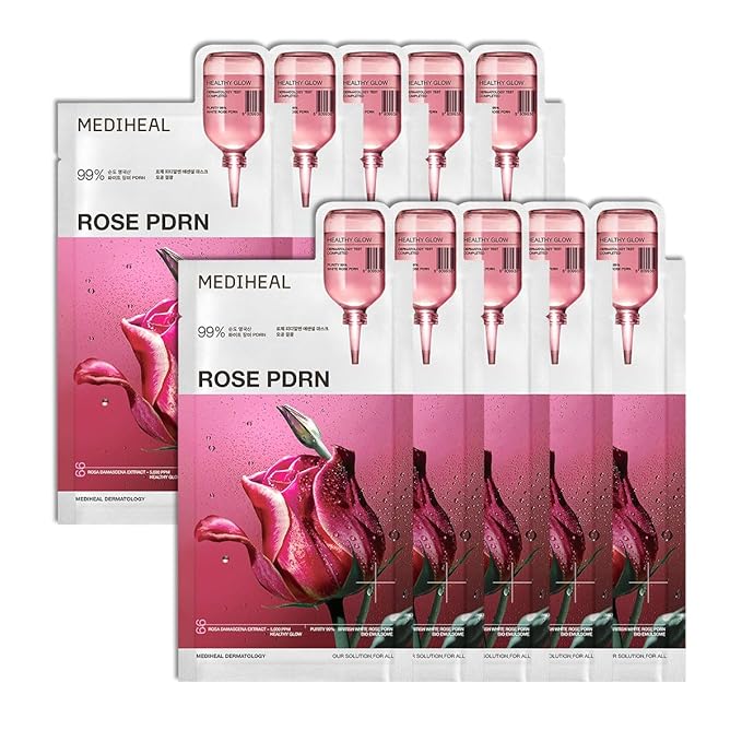 Mediheal Essential Face Mask [PDRN] Healthy Glow 10 pcs. with 99% Purity White Rose PDRN for Glass Skin, Pore Care, Skin Firming - Home Skin Care & Vegan Formula Korean Beauty Sheet Mask