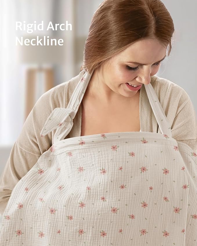 Blissful Diary Muslin Nursing Cover for Breastfeeding, Breathable Breastfeeding Cover up with Arch Neckline for Women, Nursing Apron (Pink Floral)