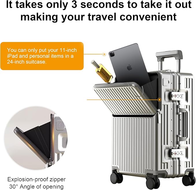 Carry on suitcase Zipperless Luggage,Polycarbonate Aluminum Hard Shell, Expandable Carry-On Suitcase with Spinner Wheels, 24 Inch Cabin
