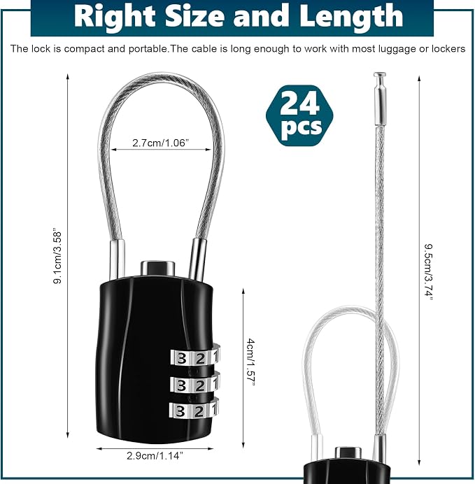 Tandefio 24 Pcs TSA Approved Luggage Lock with Zinc Alloy Body Travel 3 Digit Combination Baggage Suitcase Backpack Lock Keyless Resettable Cable Padlocks for School Gym Locker, Black