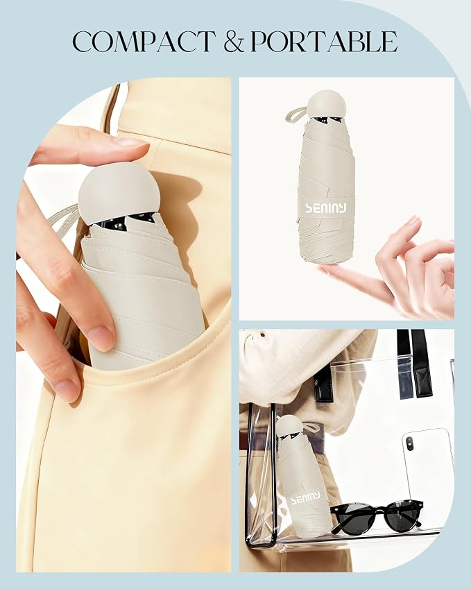 Seniny Mini Portable Travel Umbrella with Case - Compact Umbrellas for Rain & Sun UV Protection for Backpack Pocket, Lightweight Folding Small Umbrella, Tiny Purse Size UV Blocker for Kids Women Girls