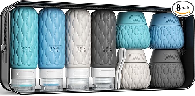 Silicone Travel Bottles for Toiletries 8 Pack Travel Size Toiletries 3.4 oz 1.7 oz, Leakproof Squeeze Travel Size Containers Refillable Cosmetic Jars Set for Shampoo, Conditioner, Creams