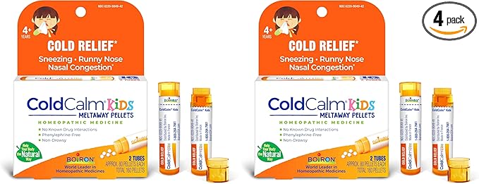 Boiron ColdCalm Kids Pellets for Relief of Common Cold Symptoms Such as Sneezing, Runny Nose, Sore Throat, and Nasal Congestion - (320 Total Pellets), 80 Count(Pack of 4)