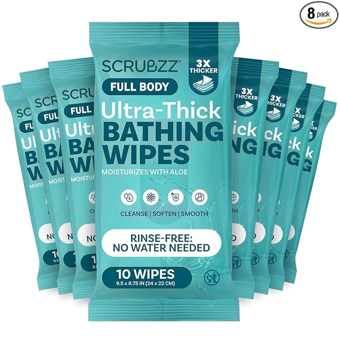 Extra Large Bath Wipes for Adults Bathing No Rinse - 80 Ultra Thick Disposable Body Wipes for Men, Women & Elderly - Great for Gym, Camping, Post Surgery