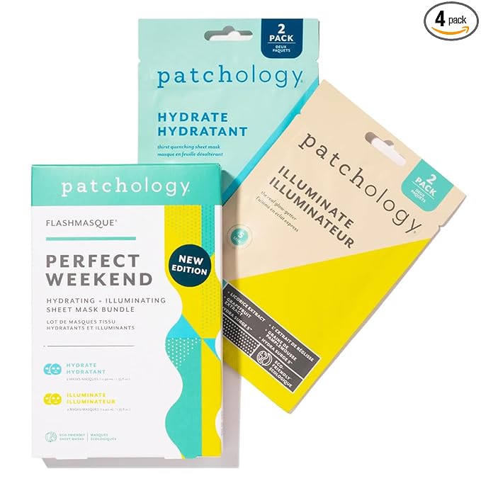 Patchology Hydrating Sheet Masks - Weekend Travel Skincare Essentials - Hyaluronic Acid Masks with Revitalizing Serum, Licorice Root Extract Skincare - Ultimate Hydration & Radiance (4 Masks)