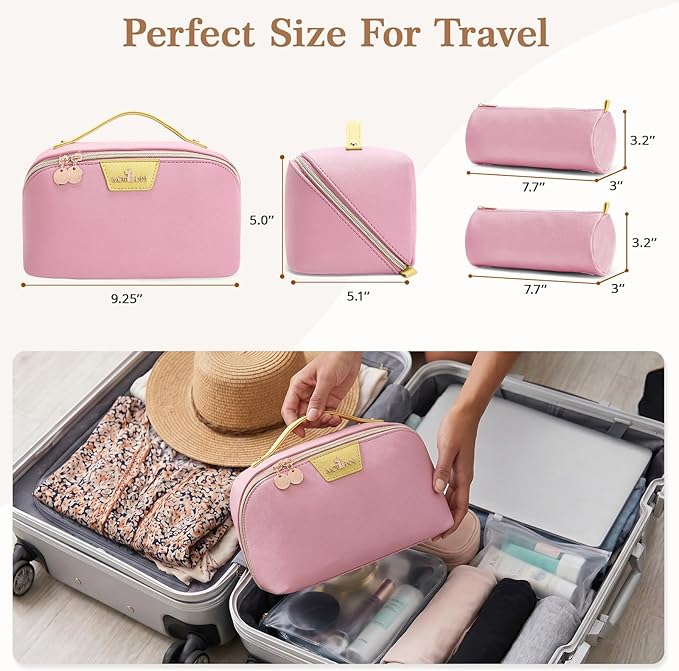 Travel Makeup Bag for Women: 3-in-1 Large Capacity Cosmetics Organizer with 2 Detachable Pouch - Vegan Leather Flat Open Toiletry Bag - Travel Essentials for Full-Sized Bottles(02-Pink)