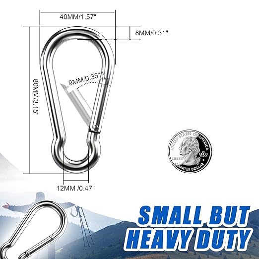 Carabiner Clip Hooks, 100pcs 3.15 inch Carabiners Heavy Duty, 304 Stainless Steel Spring Snap Hook Fits Camping Hiking, Metal Clips for Rope Chain Keys Rings