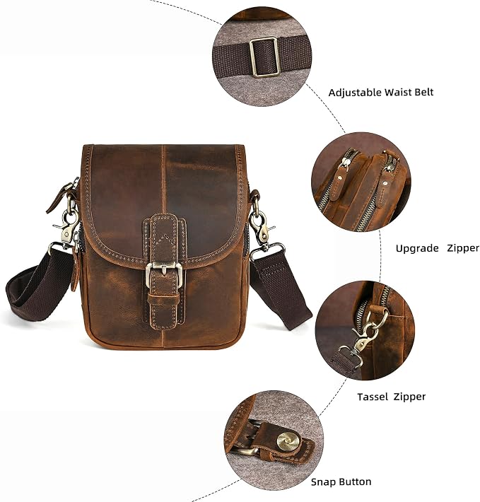 Water Resistant Canvas + Leather Hiking Riding Travel Fanny Waist Pack Small Phone Pouch For Men Women FB811-29 (100% Leather- Coffee)