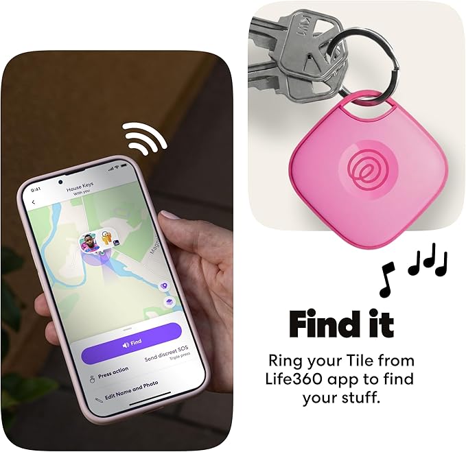 Tile by Life360 Mate Bluetooth Tracker, Keys Finder and Item Locator for Keys, Bags and More. Phone Finder. Both iOS and Android Compatible. 1-Pack (Pink Punch)