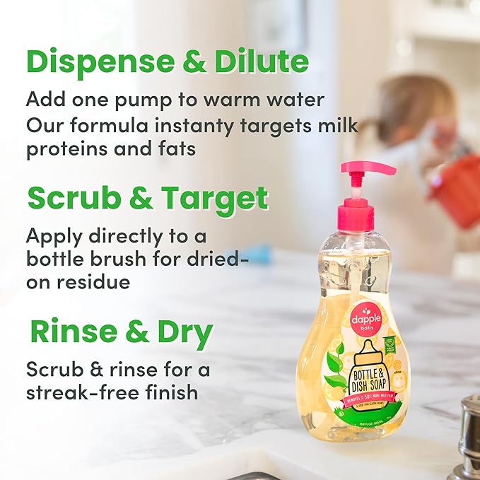 Dapple Baby Fresh Citrus Bottle & Dish Soap - (4 Pack) 16.9 fl oz - Cleans Baby Bottles, Sippy Cups, Pacifiers, Breast Pumps, & More - Gently Removes Milk Film & Odors - Includes 1 Pump
