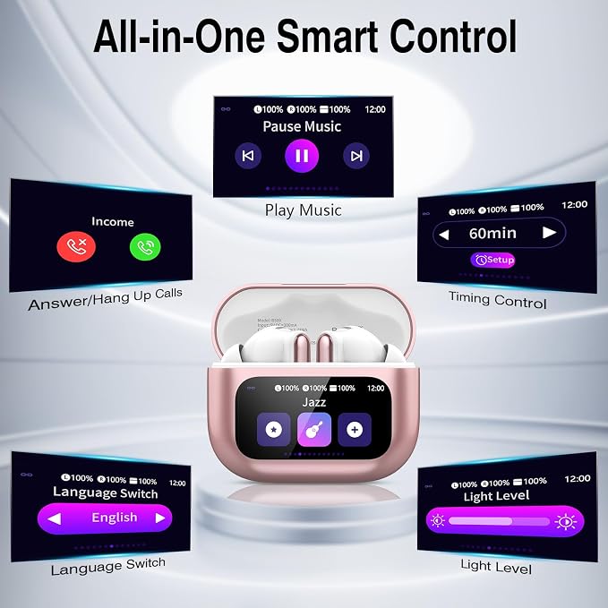 Thunelec Wireless Earbuds with Touch Screen, 2026 New Bluetooth 5.4 Headphones with ANC/ENC Mic, 50H HiFi Stereo Ear Buds with 5 EQ Modes, Transparency Mode, IPX7 Earphones for Running, Rose Glod