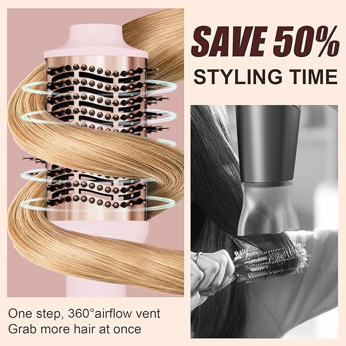 Big Size 1200W Dual Voltage Hot Air Brush Dryer, 120-240V 4 in 1 Ionic Blowout Hair Dryer Brush & Styler Volumizer with 75MM Oval Titanium Barrel for Long & Thick Hair