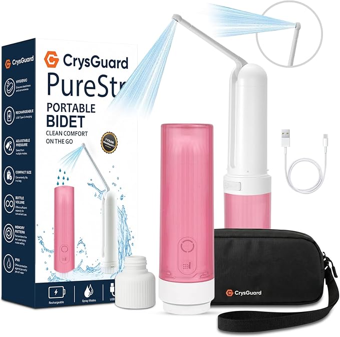( 180ml ) PureStream Portable Bidet for Travel – USB-C Rechargeable Handheld Sprayer with Bottle Adapter, 180° Foldable Nozzle, Adjustable Pressure Modes, Waterproof, for Men and Women ( Pink )