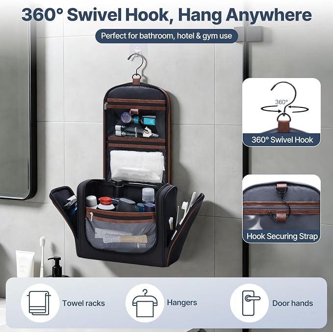 ZAHNI Hanging Toiletry Bag for Men with 360° Hook, Large Toiletry Travel Bag, Bathroom Shower Organizer for Shaving, Grooming & Toiletries_Black