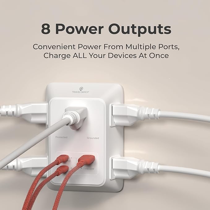 Travel Depot PD USB Wall Charger Surge Protector, 5 Outlet Extender 2 USB C & 1 USBA Charging Ports, Fast Charge 3 Sided Power Strip Multi Plug Outlets Wall Adapter for Home Office, ETL Listed (White)