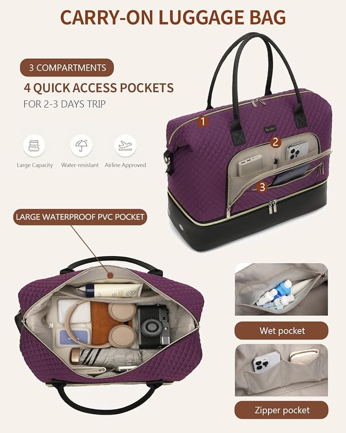 Weekender Bags for Women Travel, Under Seat Carry On Bags for Airplanes Overnight Bag with Shoe Compartment Luggage Sleeve, Foldie Travel Tote Bag Hospital Bag, Travel Gifts, Purple Black