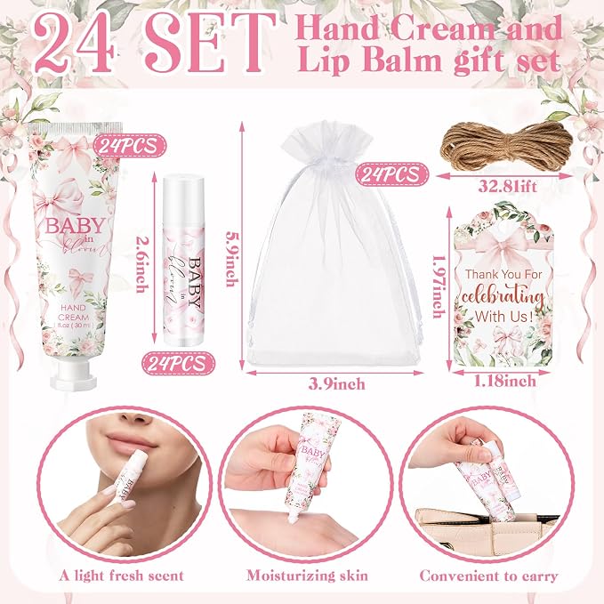 24 Sets Baby in Bloom Hand Cream and Lip Balm Gift Wildflower Floral Baby Shower Favors for Guest Travel Size Hand Lotion and Lip Balm Bulk Babies Shower Birthday Party Supplies