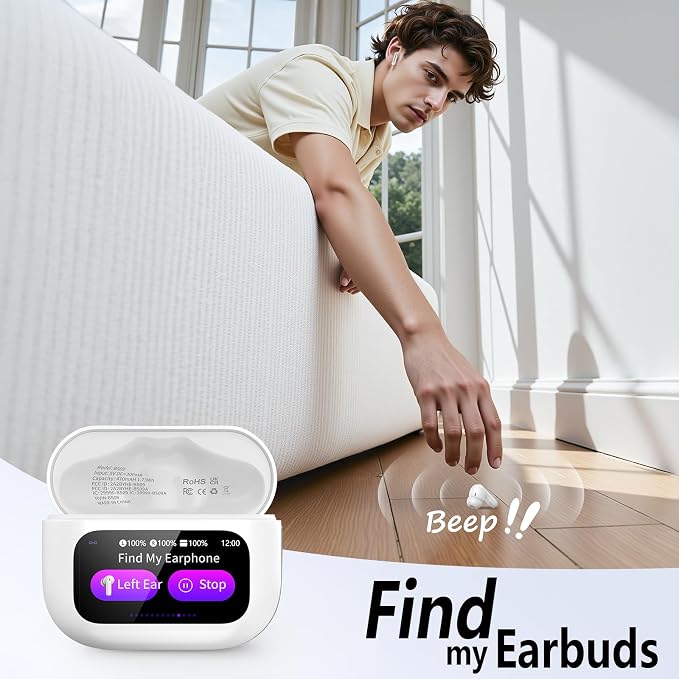 Thunelec Wireless Earbuds with Touch Screen, 2026 New Bluetooth 5.4 Headphones with ANC/ENC Mic, 50H HiFi Stereo Ear Buds with 5 EQ Modes, Transparency Mode, IPX7 Earphones for Running/Fitness, White