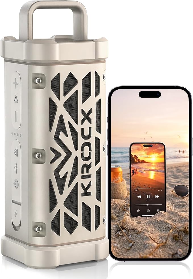 TRAVOR Magnetic Bluetooth Outdoor Speaker, Rugged All-Aluminum Build, 45W, Deep Bass, IP68 Waterproof Portable Speakers for Golf Cart, Camping & Beach TWS Wireless Pairing-Cloud Dancer Metallic